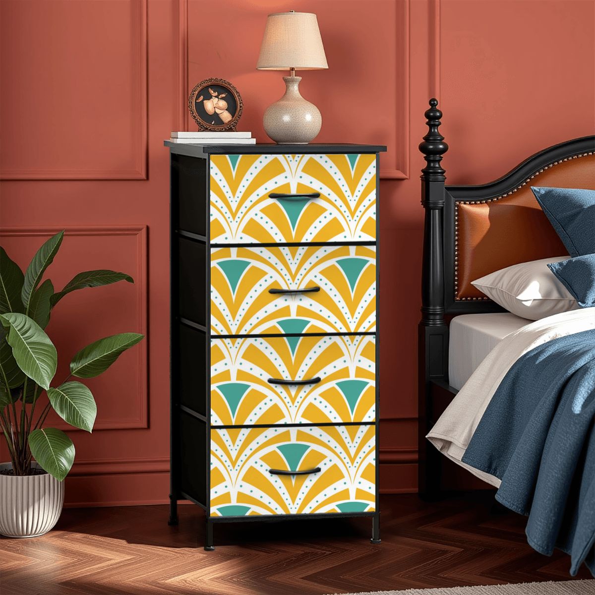 Art Deco Modern Yellow Teal 4-Drawer Dresser - Mid Century Modern Gal