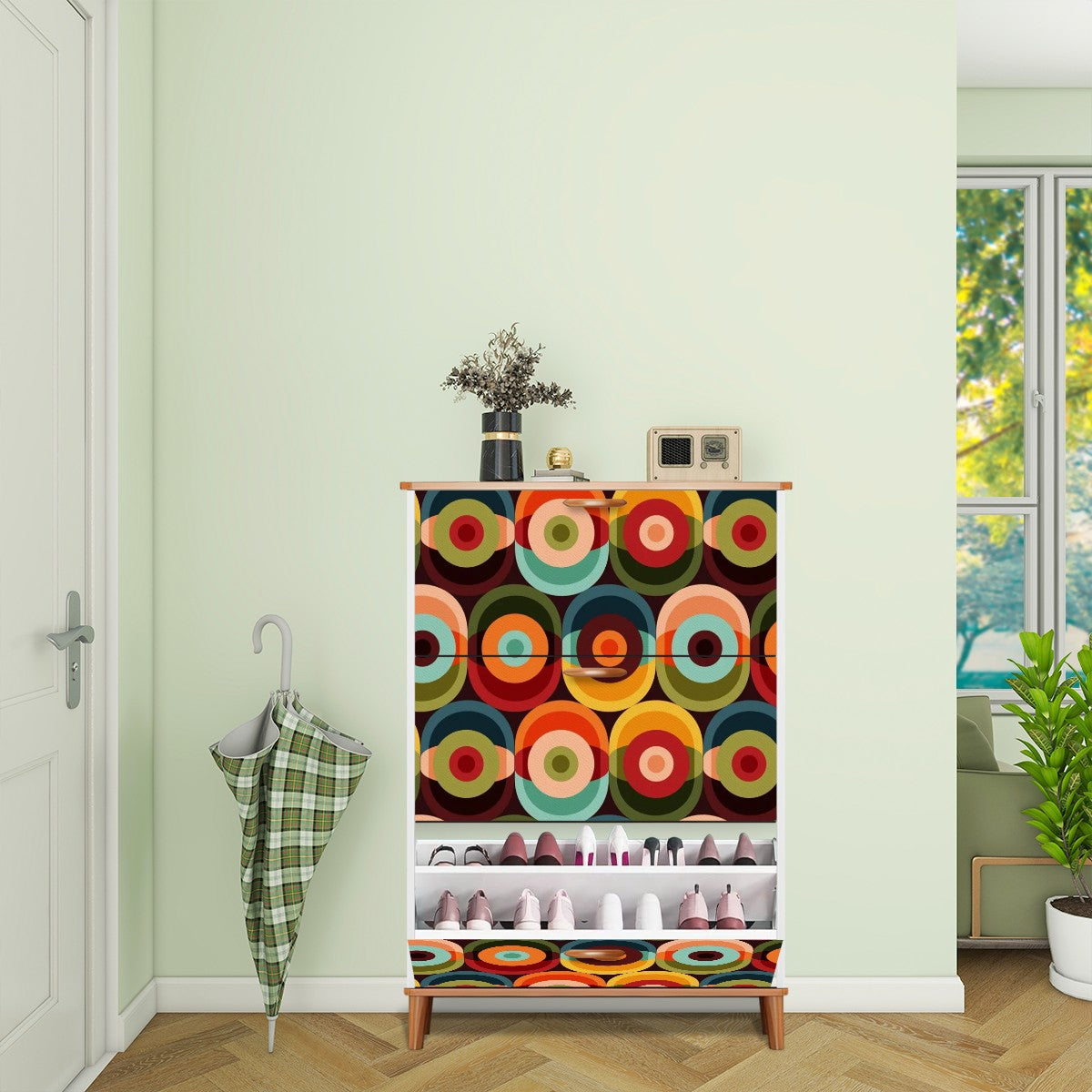 Retro Groovy Mod Space Orb Designed Mid Century Modern Shoe Storage Cabinet - Mid Century Modern Gal