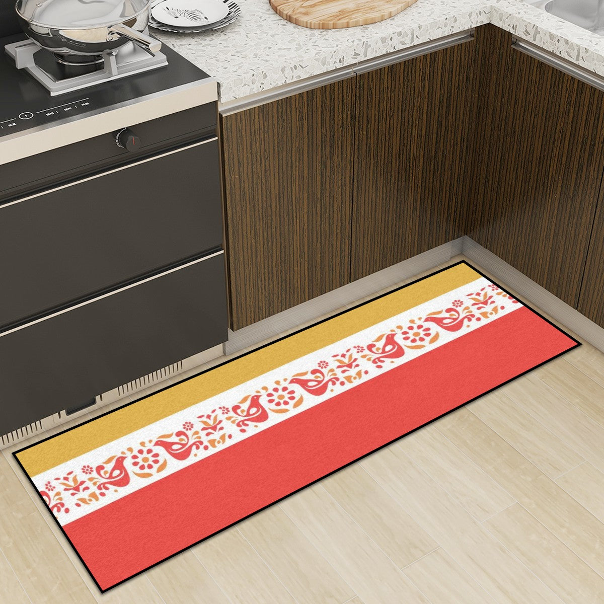 Retro Pyrex Friendship Print, Golden Yellow Red Kitchen Area Rug for Floor Non-Slip - Mid Century Modern Gal