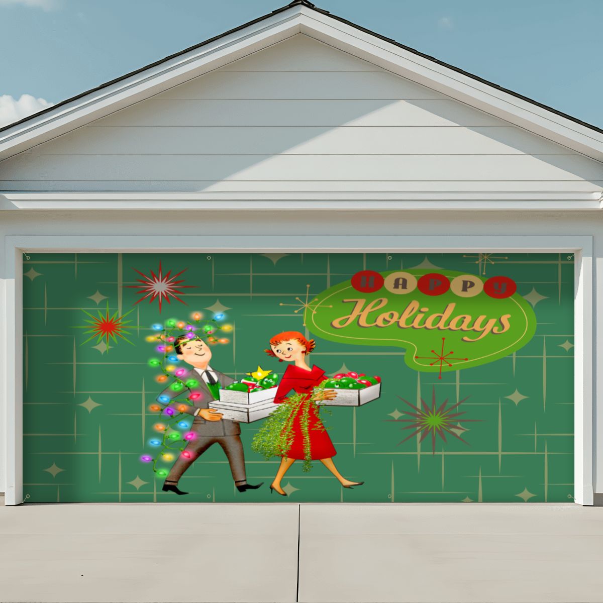 Mid Century Modern Happy Holidays Vintage Christmas Tree Garage Door Banner Backdrop - Mid Century Modern Gal