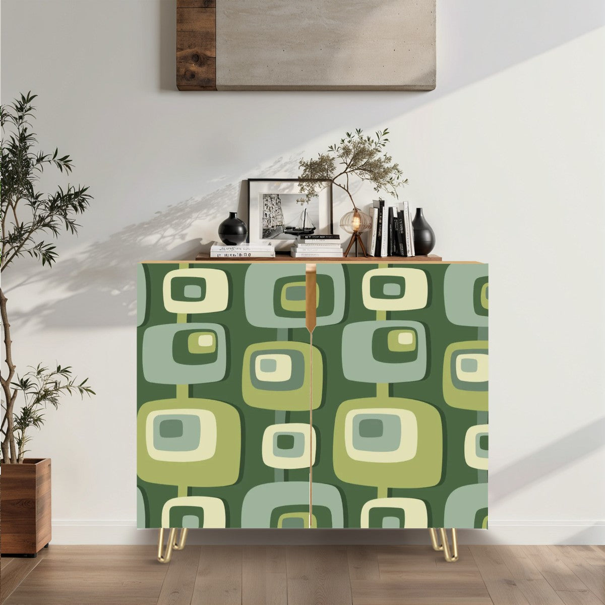 Mid Century Modern Geometric Green Mid Mod Retro Wooden Storage Cabinet - Mid Century Modern Gal