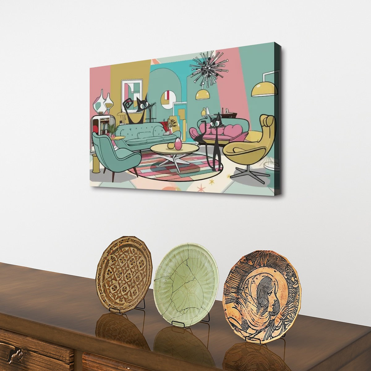 Atomic Cat Mid Century Modern Wall Art, Quirky Cats, Retro Canvas Print - Mid Century Modern Gal