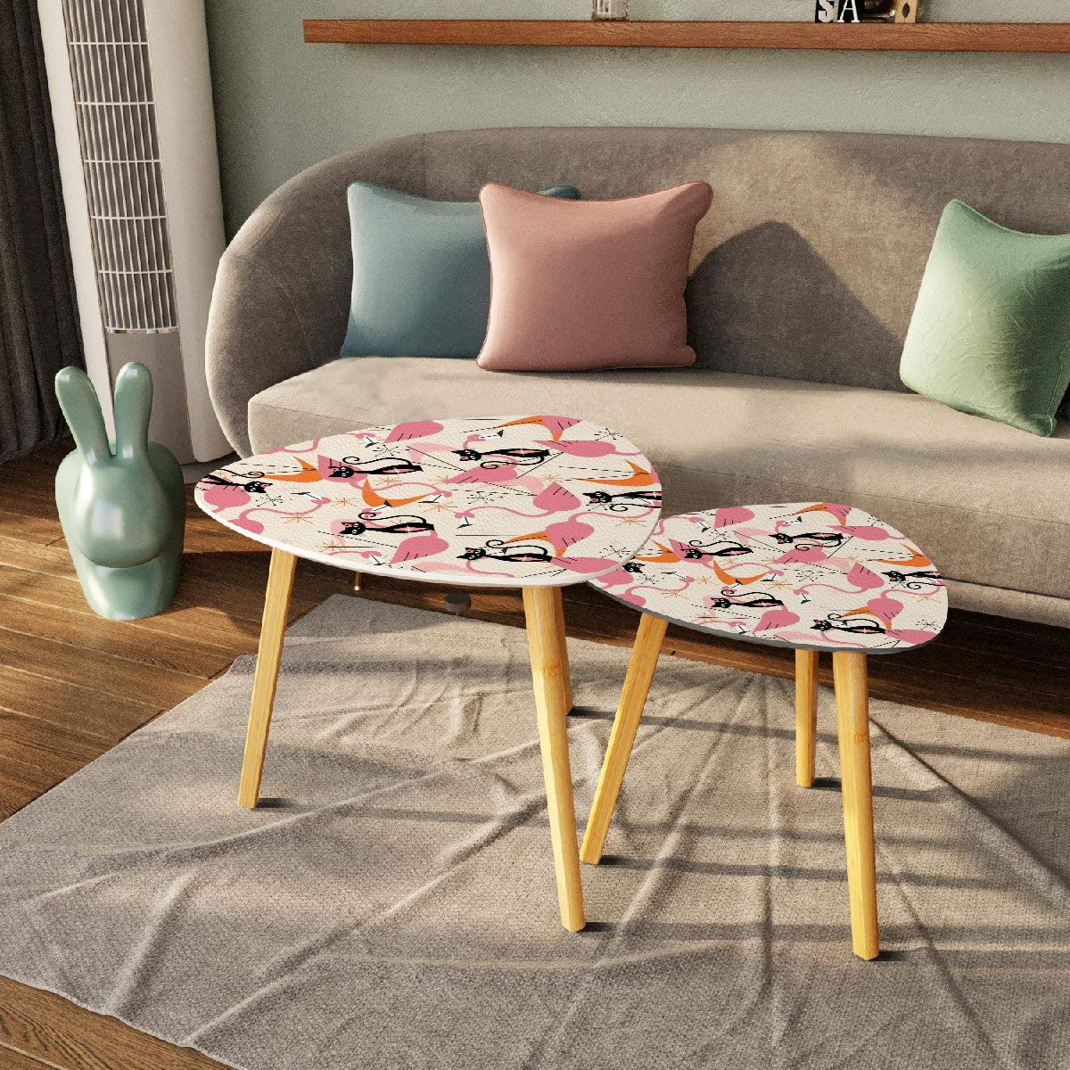 Mid Century Modern Nesting Tables Adorned With Dancing Flamingos And Atomic Cats - Mid Century Modern Gal