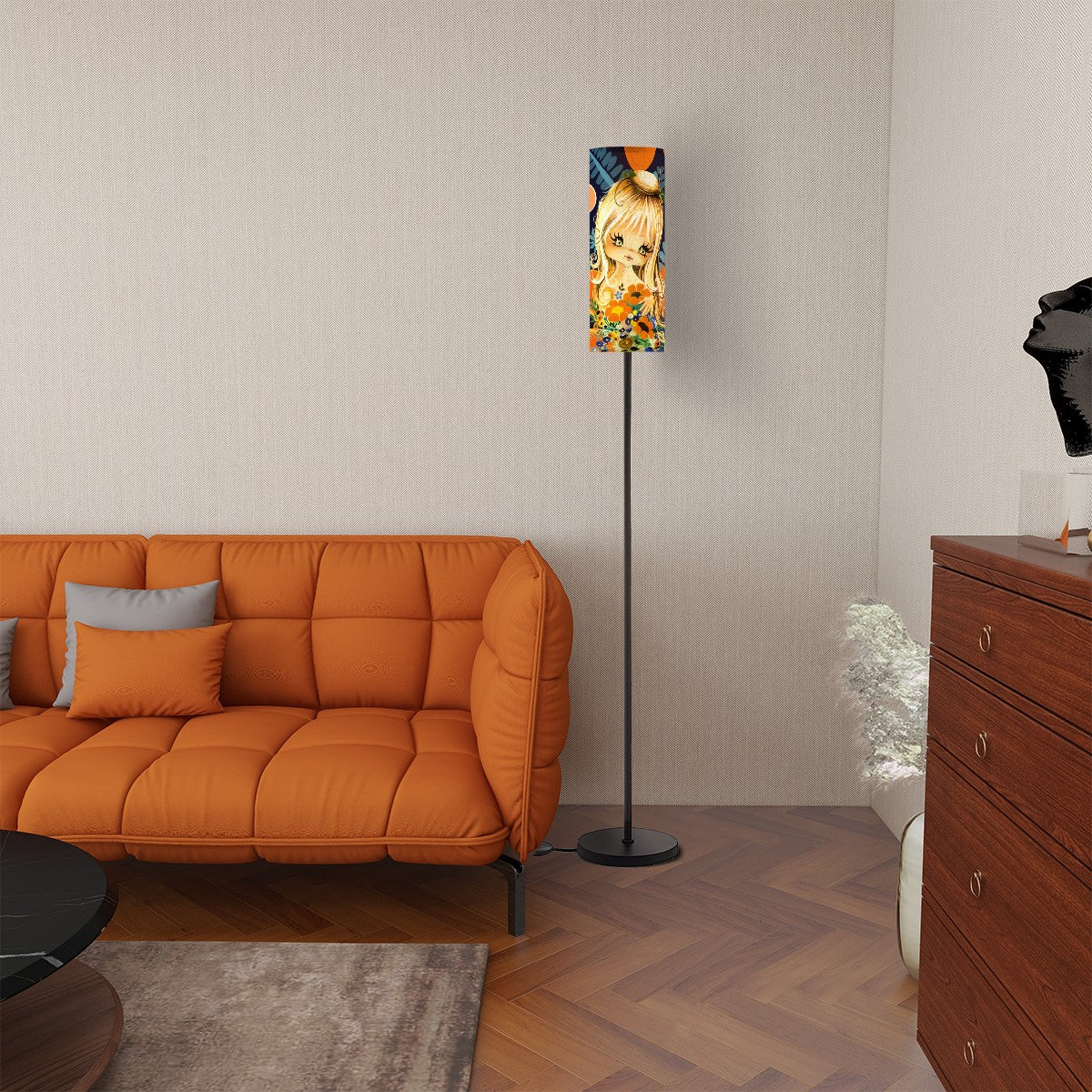 Retro Big Eyed Hippie Girl From The 70s, Floral Boho Pattern Mod Floor Lamp - Mid Century Modern Gal