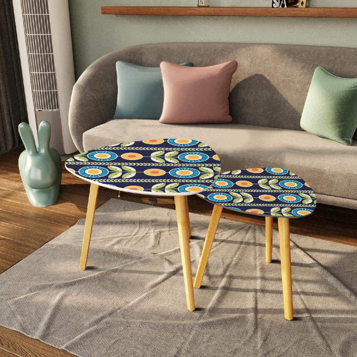 Modern Scandinavian Flower Blue, Orange Yellow Green Mid Century Modern Nesting Tables - Mid Century Modern Gal