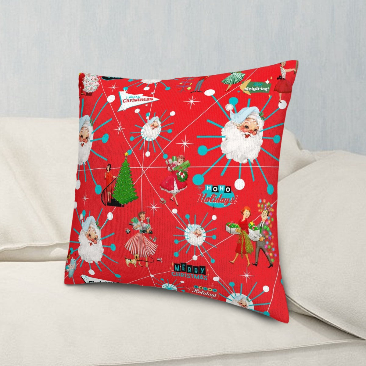 Mid Century Modern Christms Starburst Santa, Kitschy Holiday Gals, Plush Throw Pillow Covers - Mid Century Modern Gal