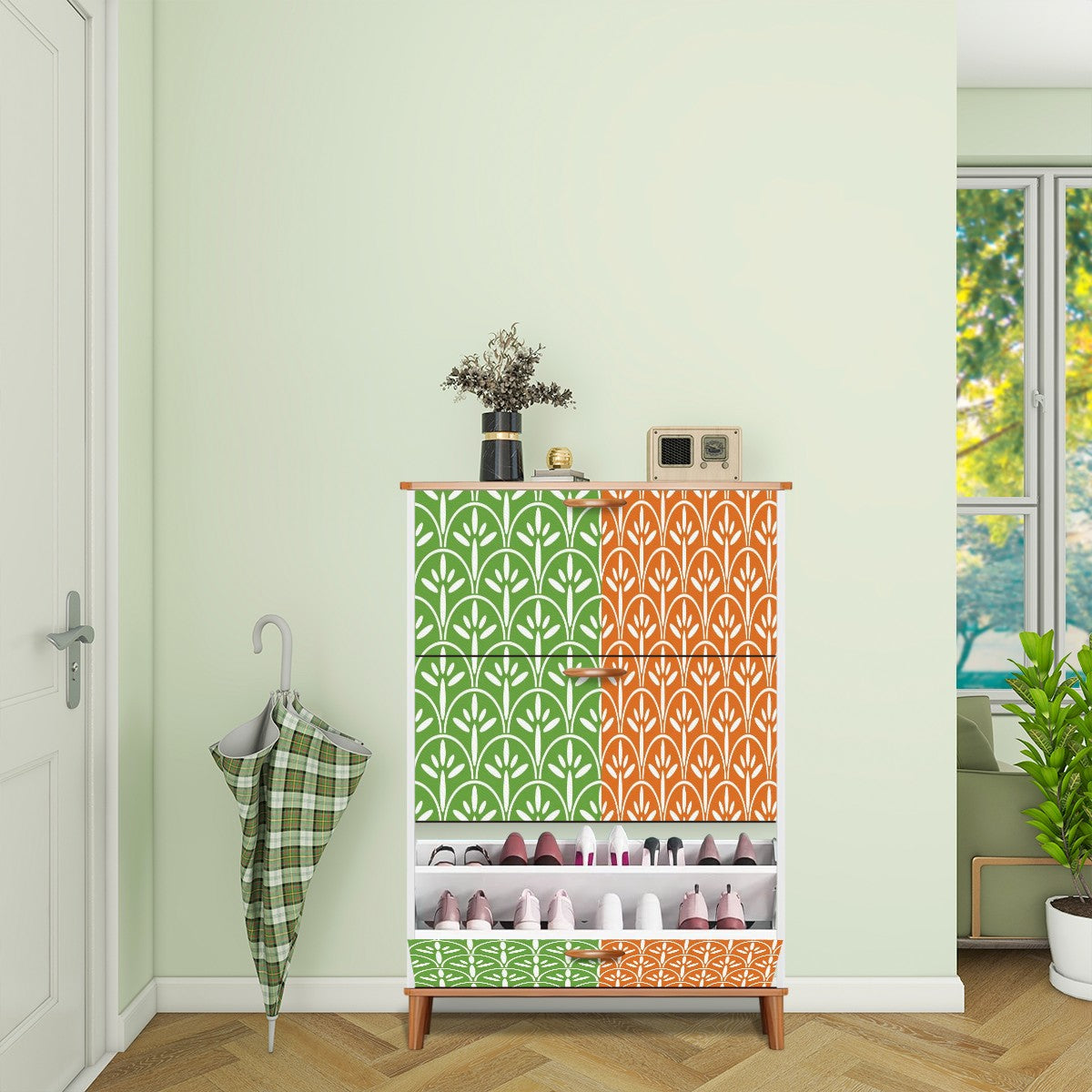 Art Deco Modern Shoe Storage Cabinet | Green Grass And Tangerine Orange Stylish & Functional Entryway Organizer - Mid Century Modern Gal
