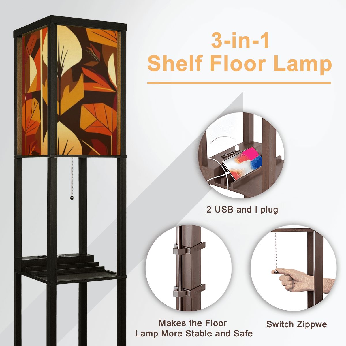 Modern Scandinavian Floral Harvest Blend Golden Yellow, Orange Mid Mod Floor Lamp with Shelves - Mid Century Modern Gal