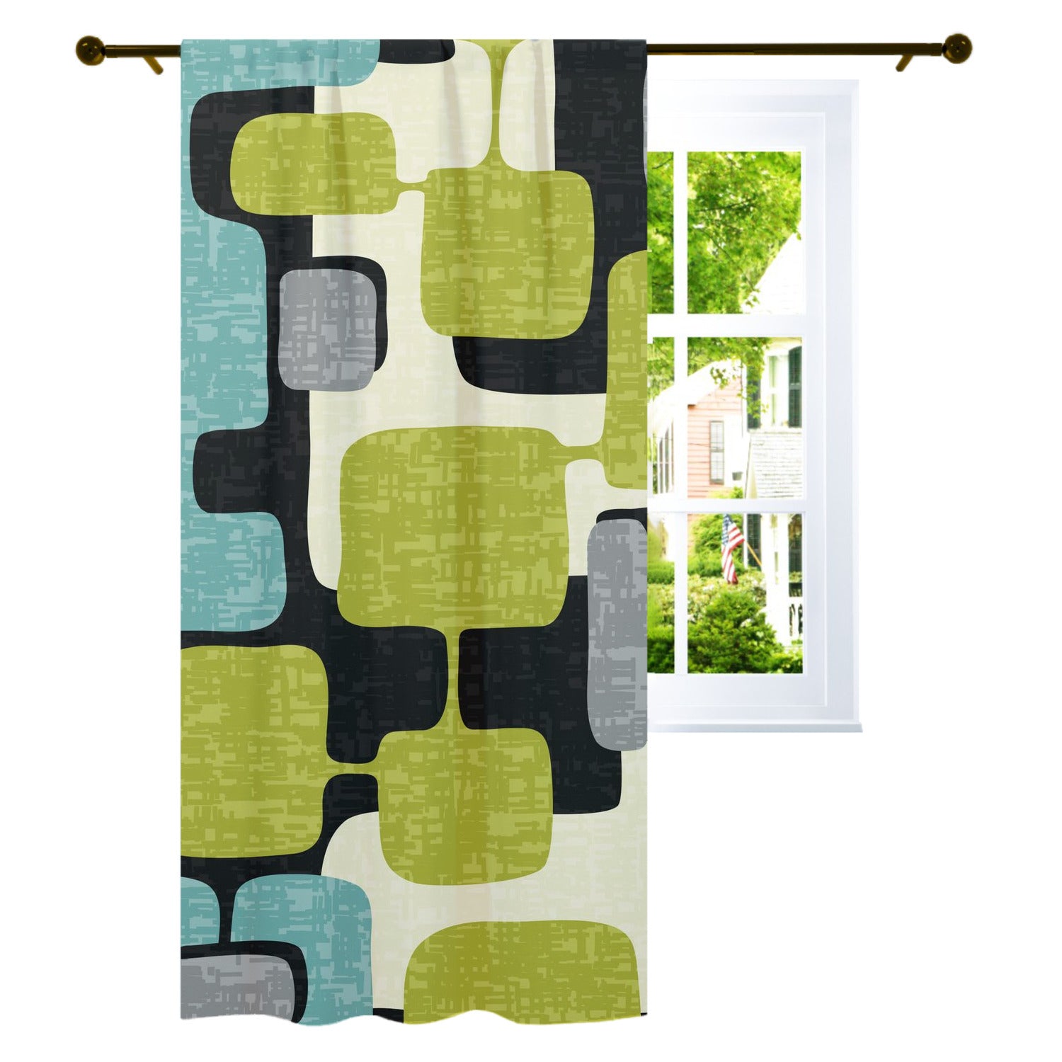 Mid Century Modern Geometric Mod Green, Aqua MCM Curtain, Single Panel - Mid Century Modern Gal