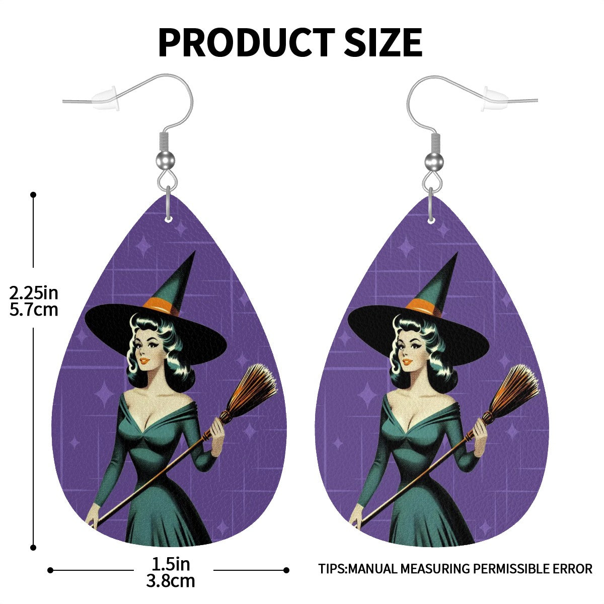 Mid Century Modern Vintage Pin Up Witch Purple Teal Halloween Vegan Leather Teardrop Earrings - Mid Century Modern Gal