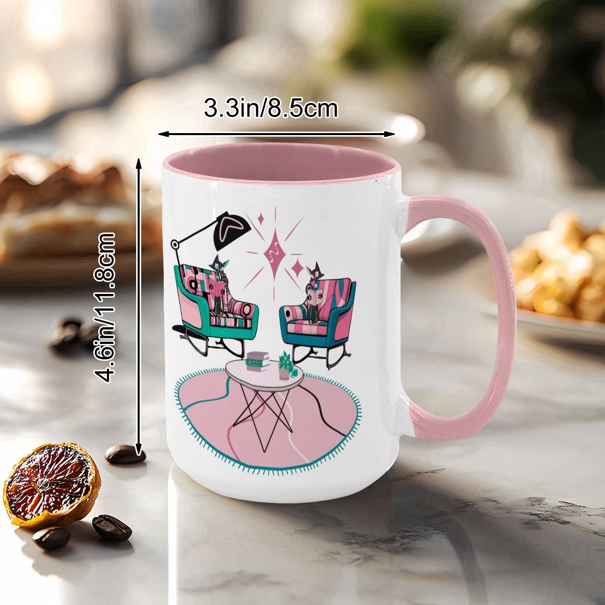 Large colorful mug featuring atomic reading cats in a kitschy mid-century modern setting with pink accents.