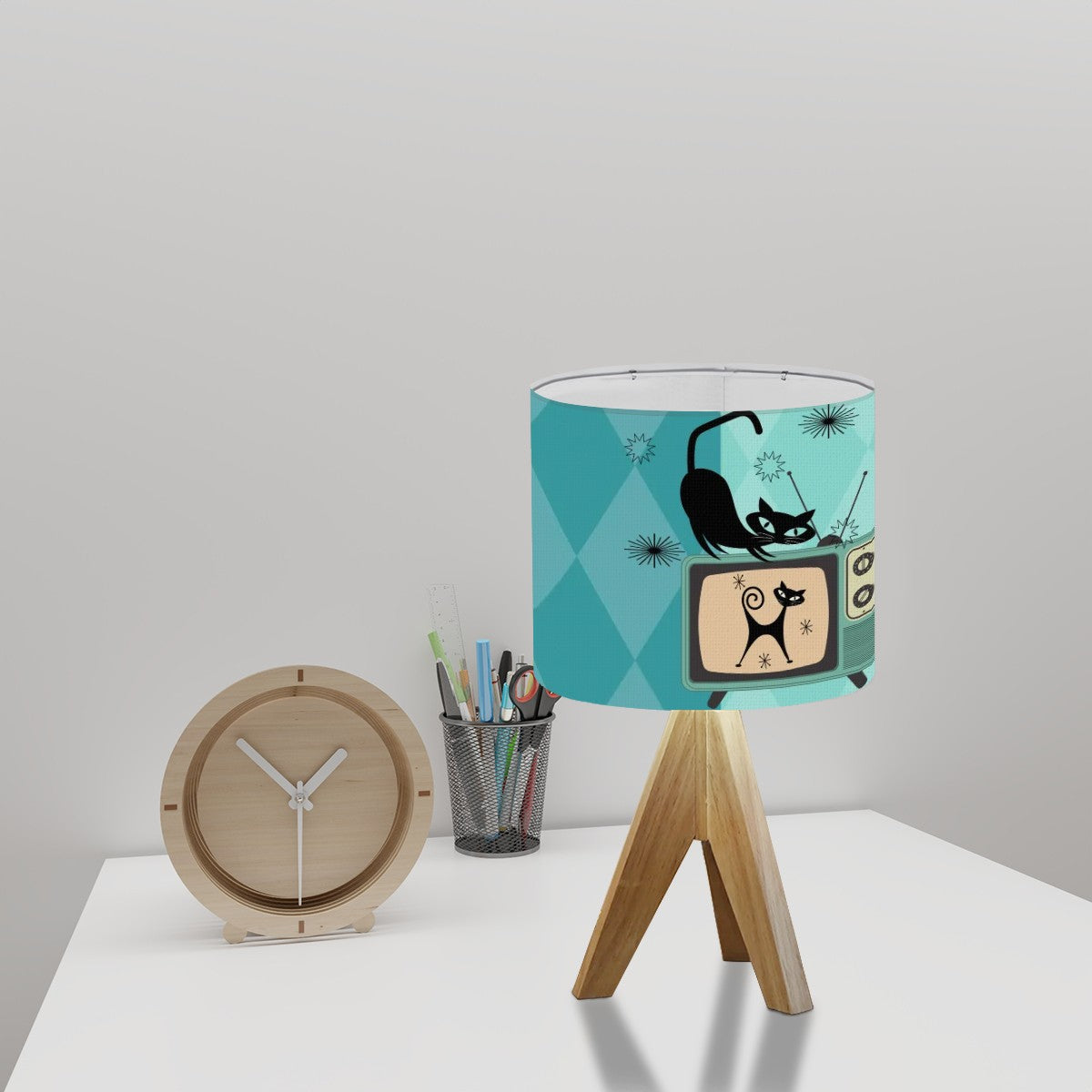 Atomic Cat Kitschy Wooden Tripod Table Lamp - Mid Century Modern Gal