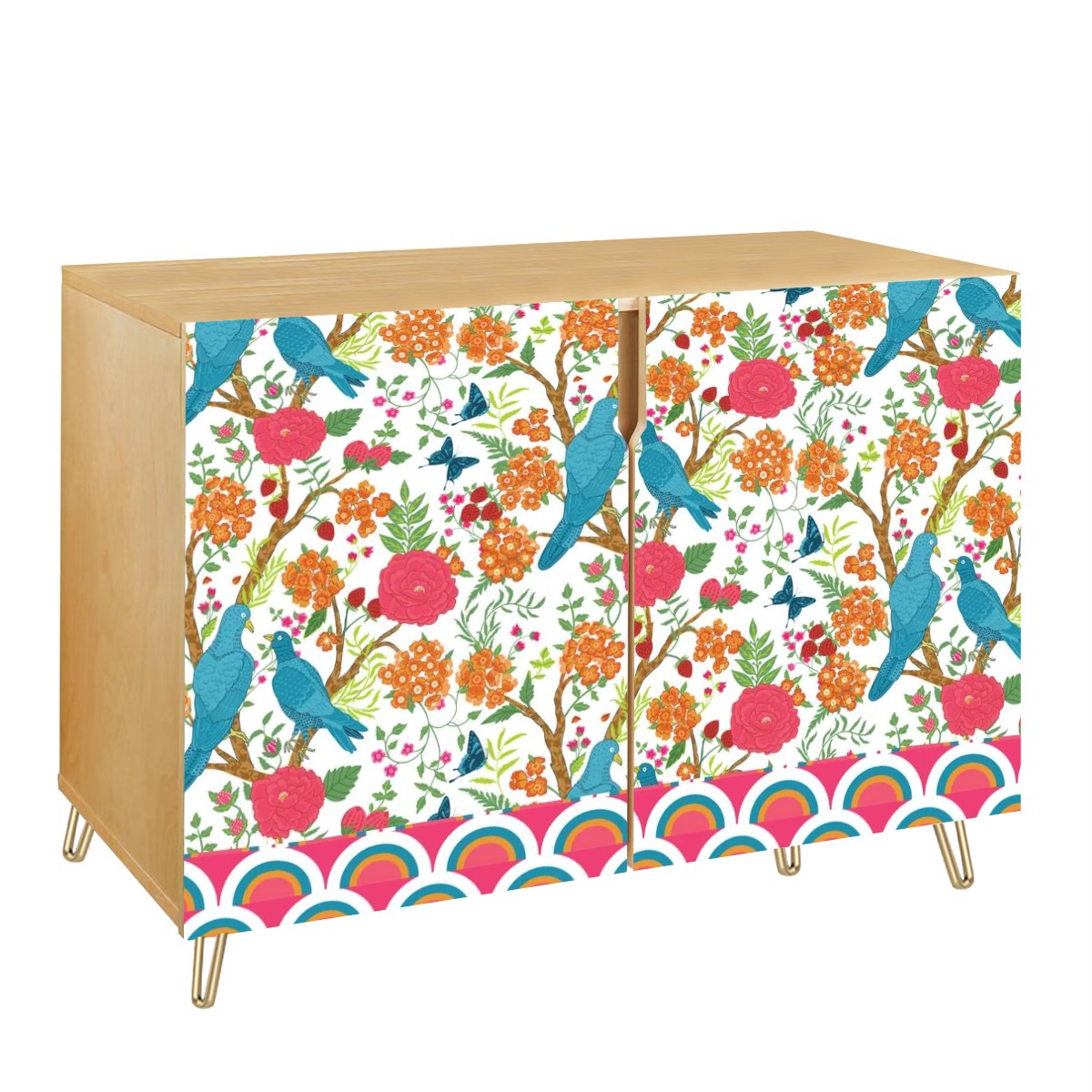 Chinoiserie Floral Pink, Blue, Golden Yellow Modern Elegant Wooden Storage Cabinet - Mid Century Modern Gal