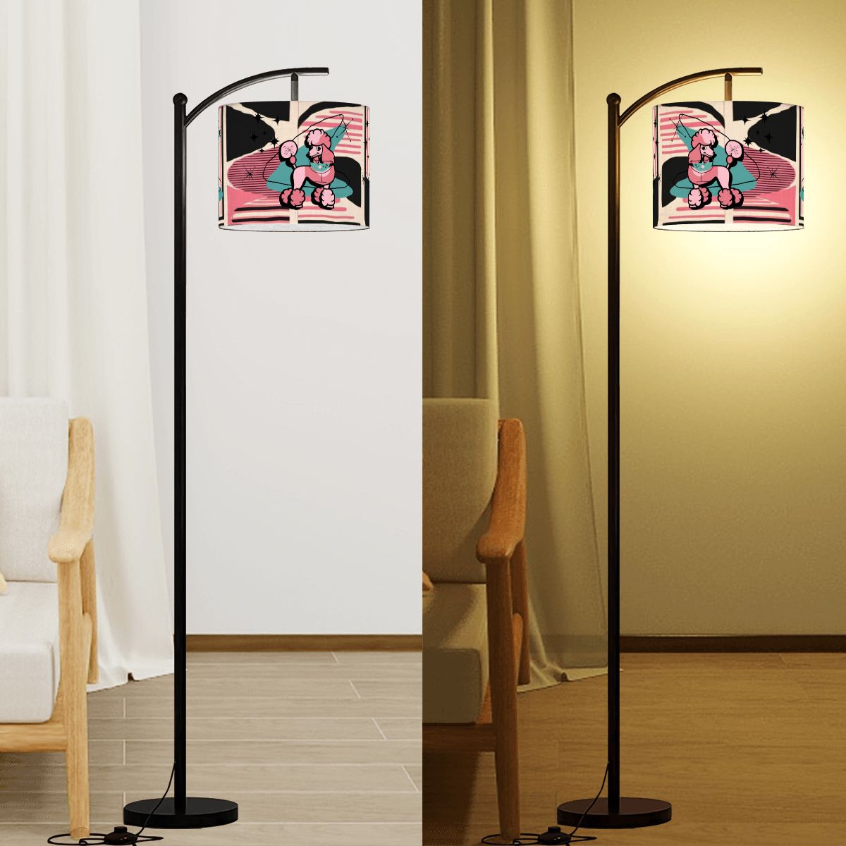 Atomic Pink Poodle,Mid Century Modern Boomerang, Pink Black Lamp Shade with Ring - Mid Century Modern Gal