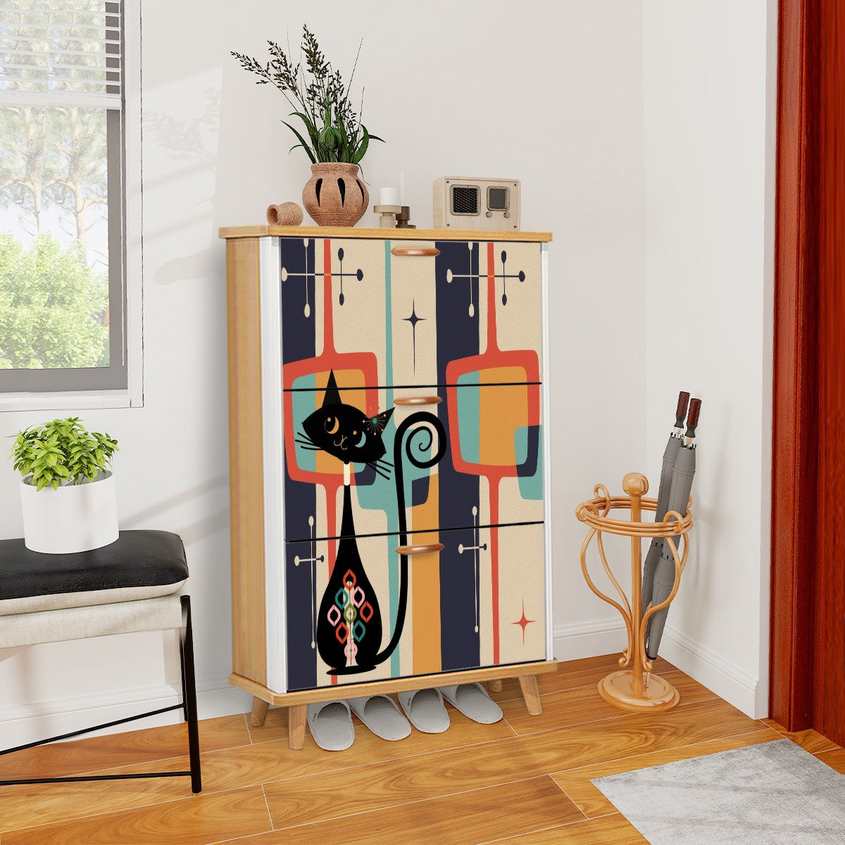 Mid Century Modern Atomic Cat, Mid Mod Geometric Designed Shoe Storage Cabinet - Mid Century Modern Gal