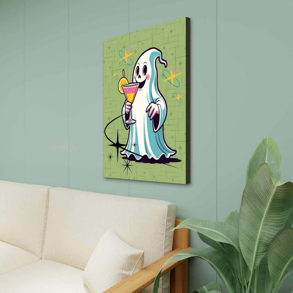 Kitschy Retro Ghost Cocktail Hour, Mid Century Modern Wall Art, Green Starbursts Design - Mid Century Modern Gal