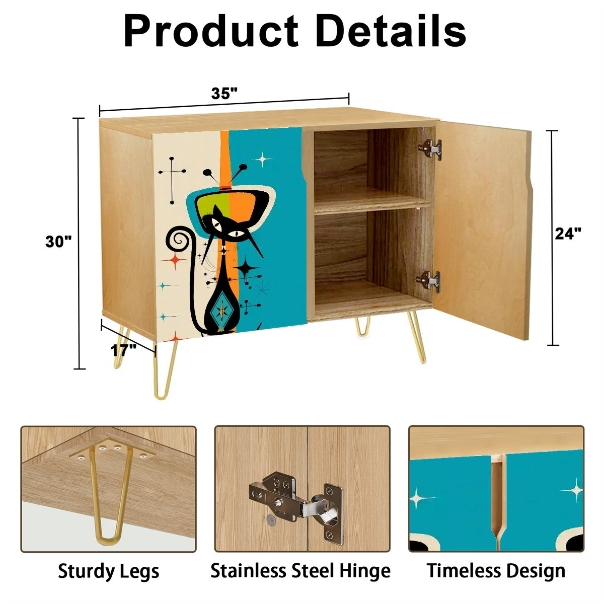 Mid Century Modern Atomic Cat, Retro TV Wooden Storage Cabinet - Mid Century Modern Gal