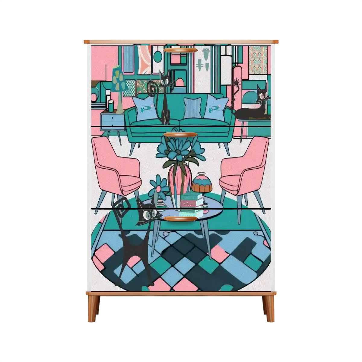 Mid Century Modern Furniture Shoe Cabinet Adorned With Atomic Cats Kitschy Mod LR Design - Mid Century Modern Gal
