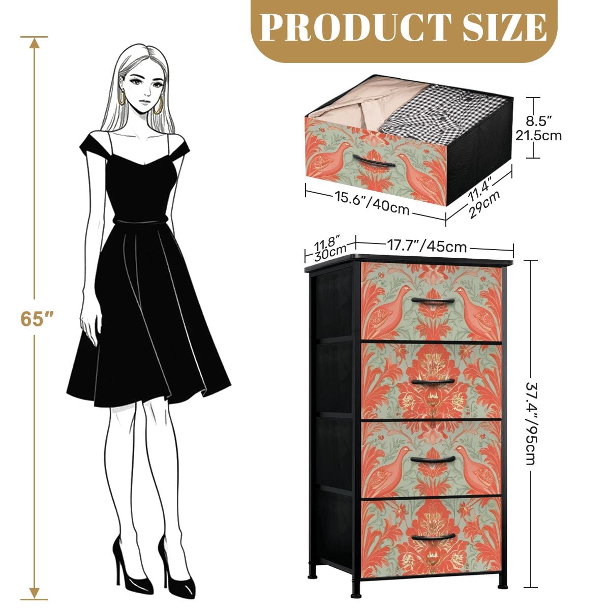 Chinoiserie Coral, Green Floral Botanicals Exotic Bird 4-Drawer Dresser - Mid Century Modern Gal