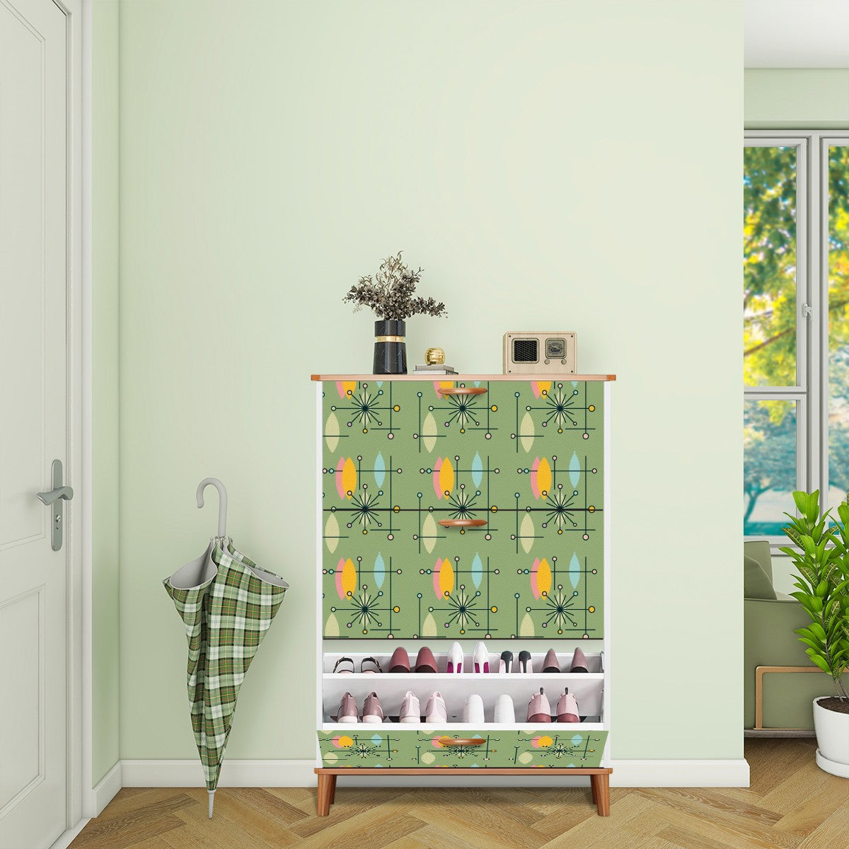 Mid Century Modern Green Yellow Atomic 50s Shoe Cabinet Storage Drawers - Mid Century Modern Gal