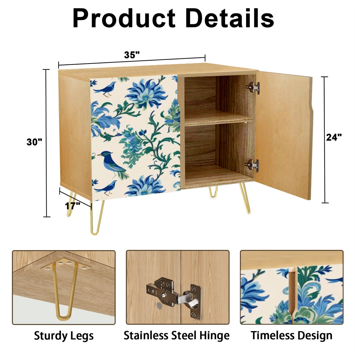 Chinoiserie Sideboard Cabinet, Blue Birds, Floral Design Green, Blue Wooden Storage Cabinet - Mid Century Modern Gal