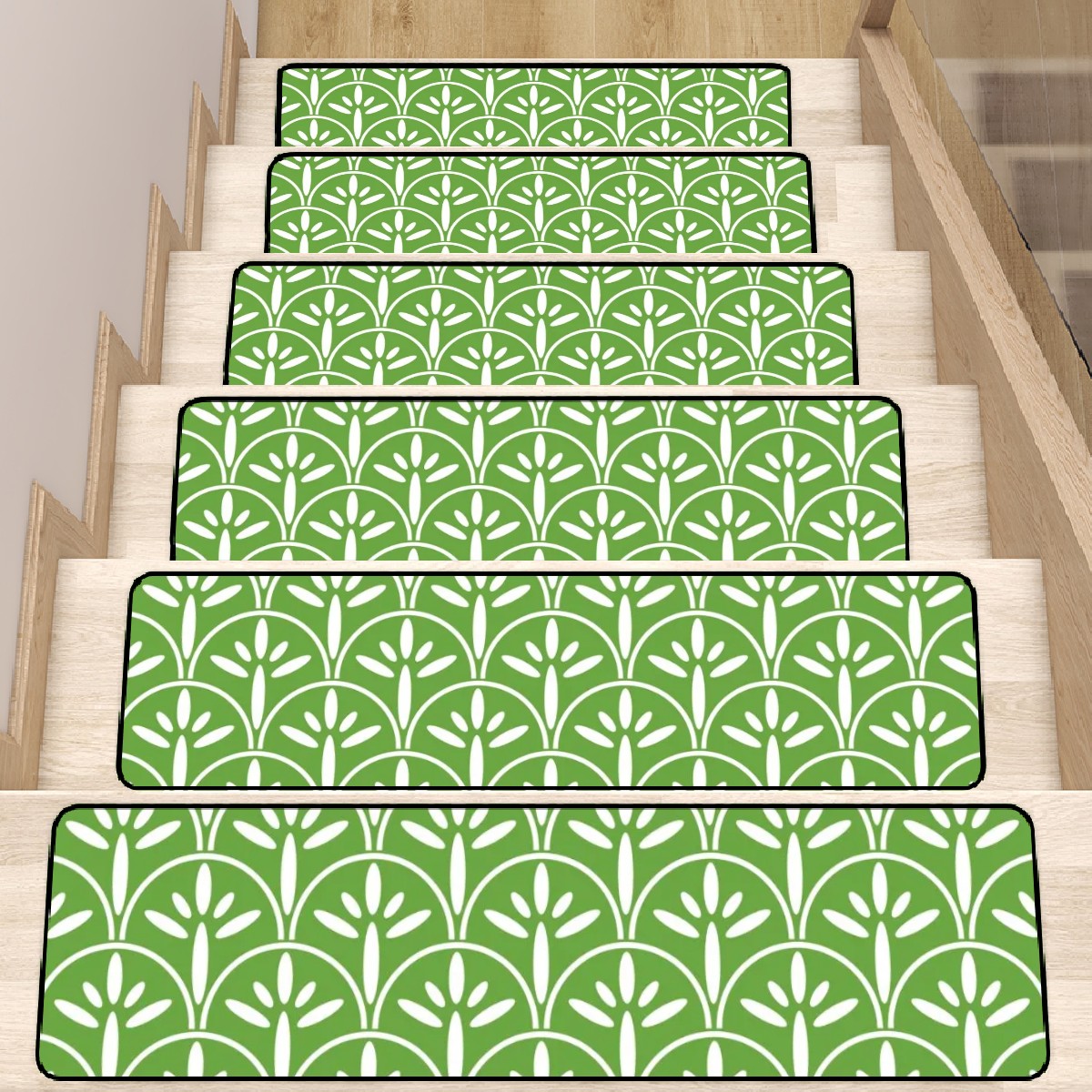 Art Deco Stair Tread Carpets | Green Grass And White Mid Century Modern Style Non Slip Carpet for Stairs Treads - Mid Century Modern Gal
