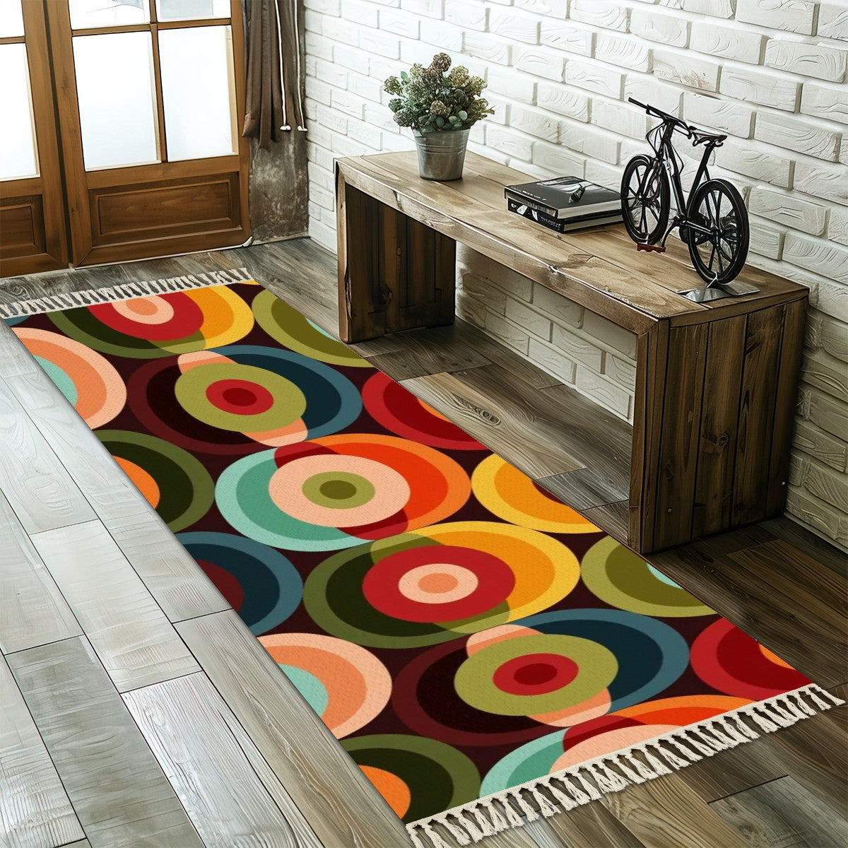 Mid Century Modern Boho Retro Orb Colorful Funky Tassel Rug - Mid Century Modern Gal