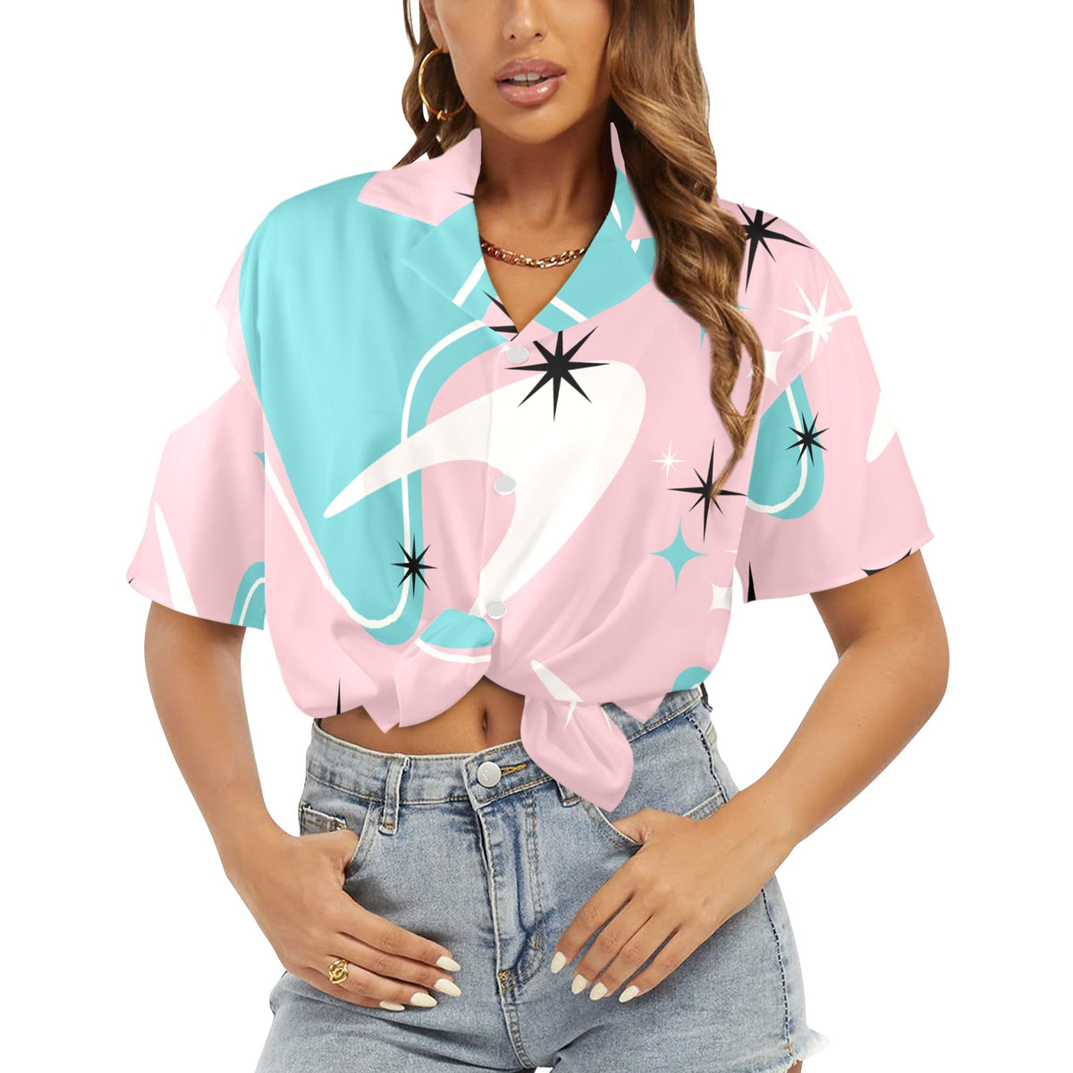 Atomic Pink Boomerang Aqua, White Retro Mid Mod Women's Hawaiin Shirt - Mid Century Modern Gal