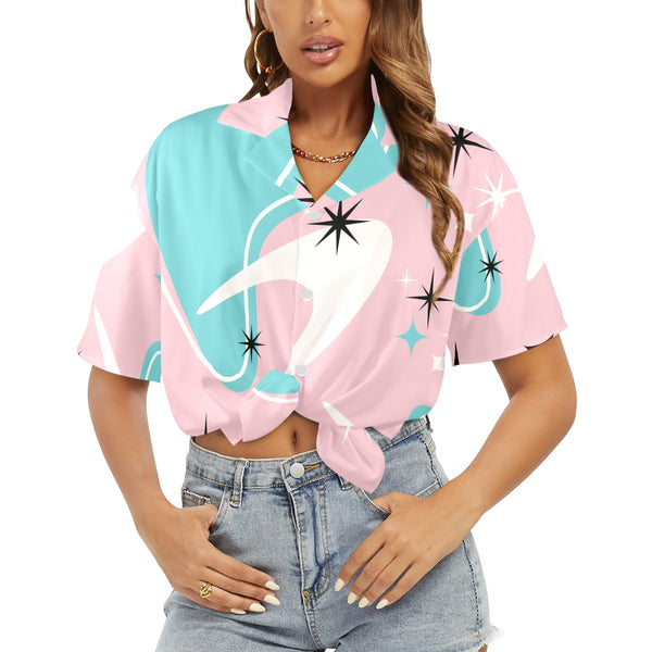 Atomic Pink Boomerang Aqua, White Retro Mid Mod Women's Hawaiian Shirt