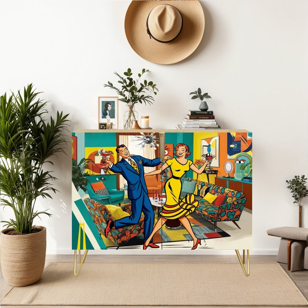 Mid Century Modern Bar Cabinet, Kitschy Quirky Mod Couple Cocktail Hour Wooden Storage Cabinet - Mid Century Modern Gal