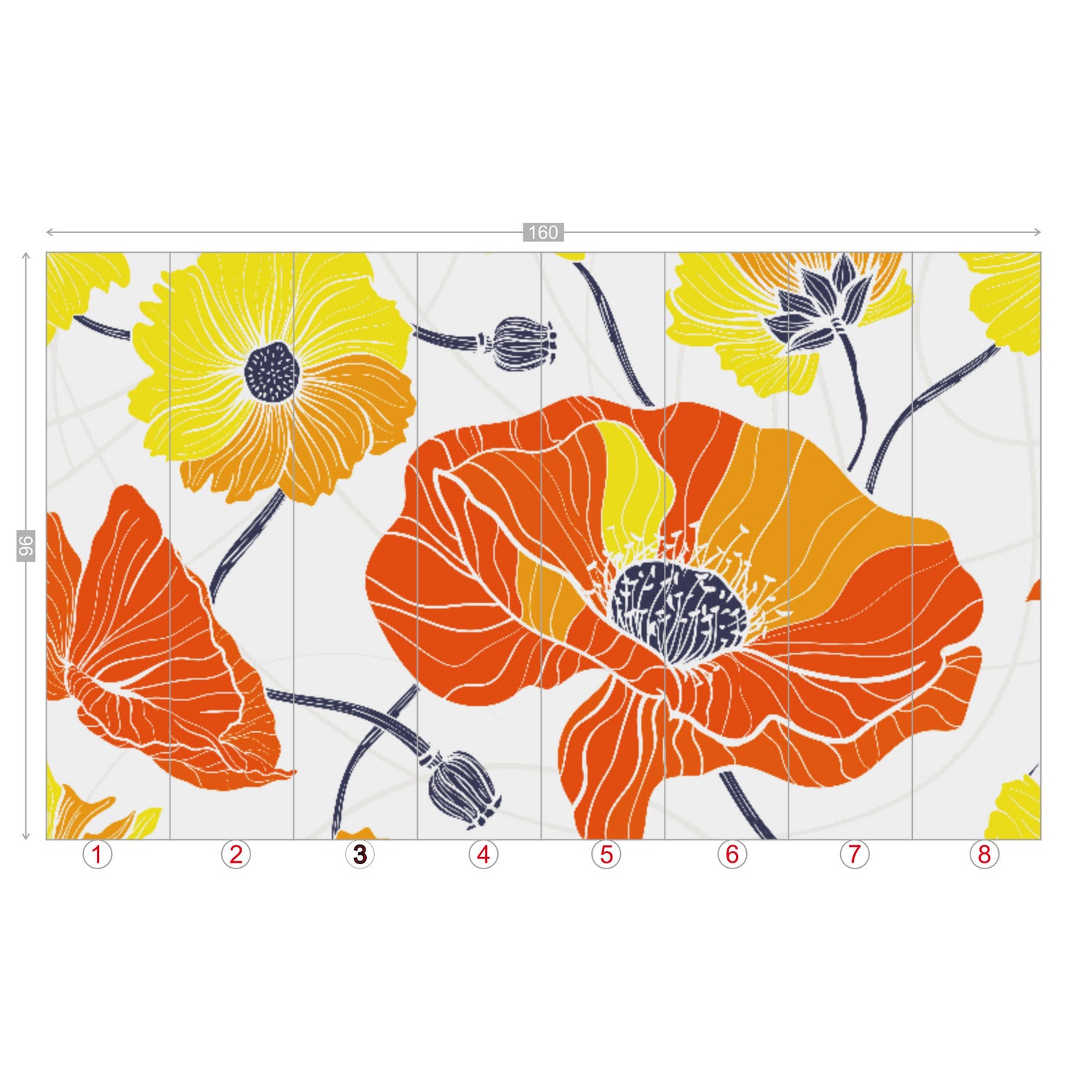 Vintage Poppy Orange Yellow Retro Florals, Mid Century Modern Wall Murals - Mid Century Modern Gal