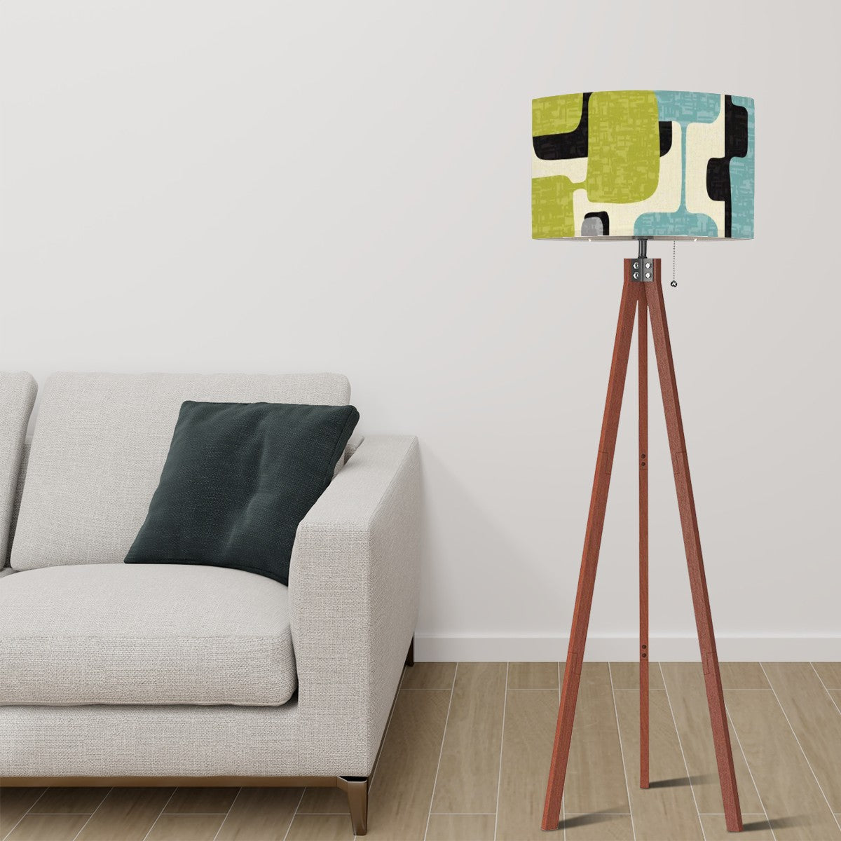 Mid Mod Retro Geometric Green, Aqua, Mid Century Modern Tripod Floor Lamp - Mid Century Modern Gal