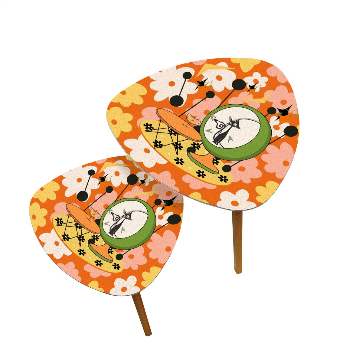 Mid Century Modern Nesting Tables Retro Orange Groovy Flowers Adorned With Atomic Martini Cat Design - Mid Century Modern Gal
