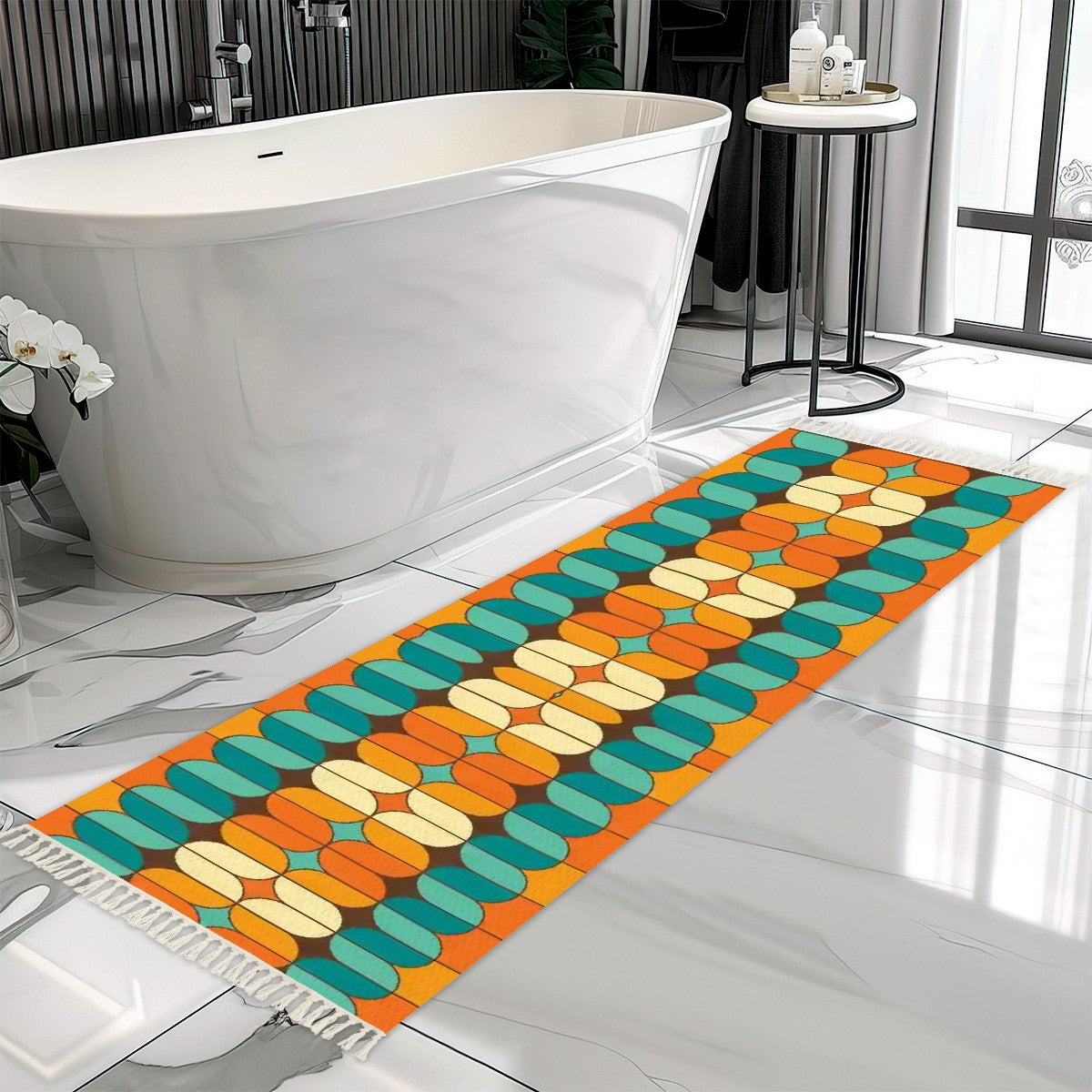 Mid Century Modern Orange Teal, Geometric Mod Rug Runner - Mid Century Modern Gal