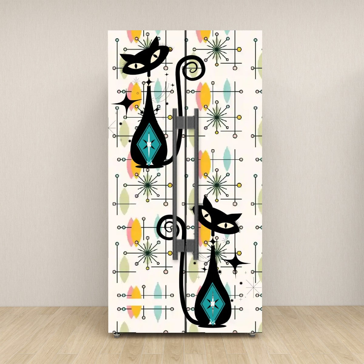 Atomic Cat Mid Century Modern Starburst, Retro Mod Self Adhesive Refrigerator Wrap Set - Mid Century Modern Gal