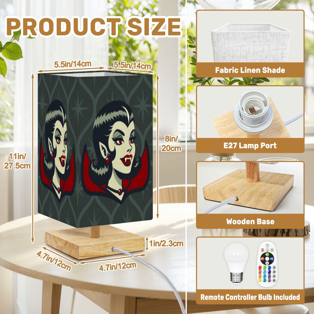 Vampire Dracula Girl Halloween Goth Horror Buff MCM Green Square Table Lamp - Mid Century Modern Gal
