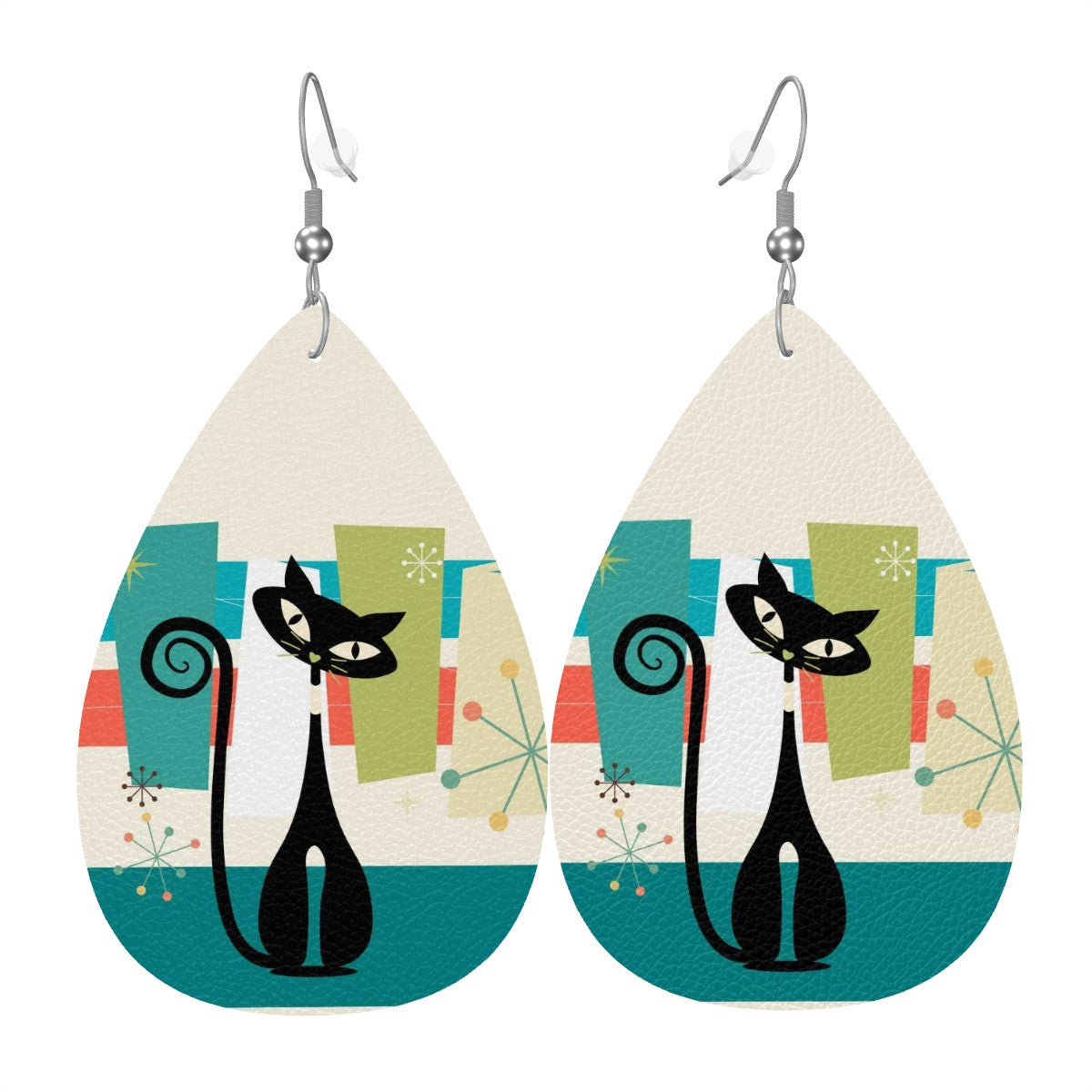 Mid Mod Atomic Kittie Vegan Leather Teardrop Earrings - Mid Century Modern Gal