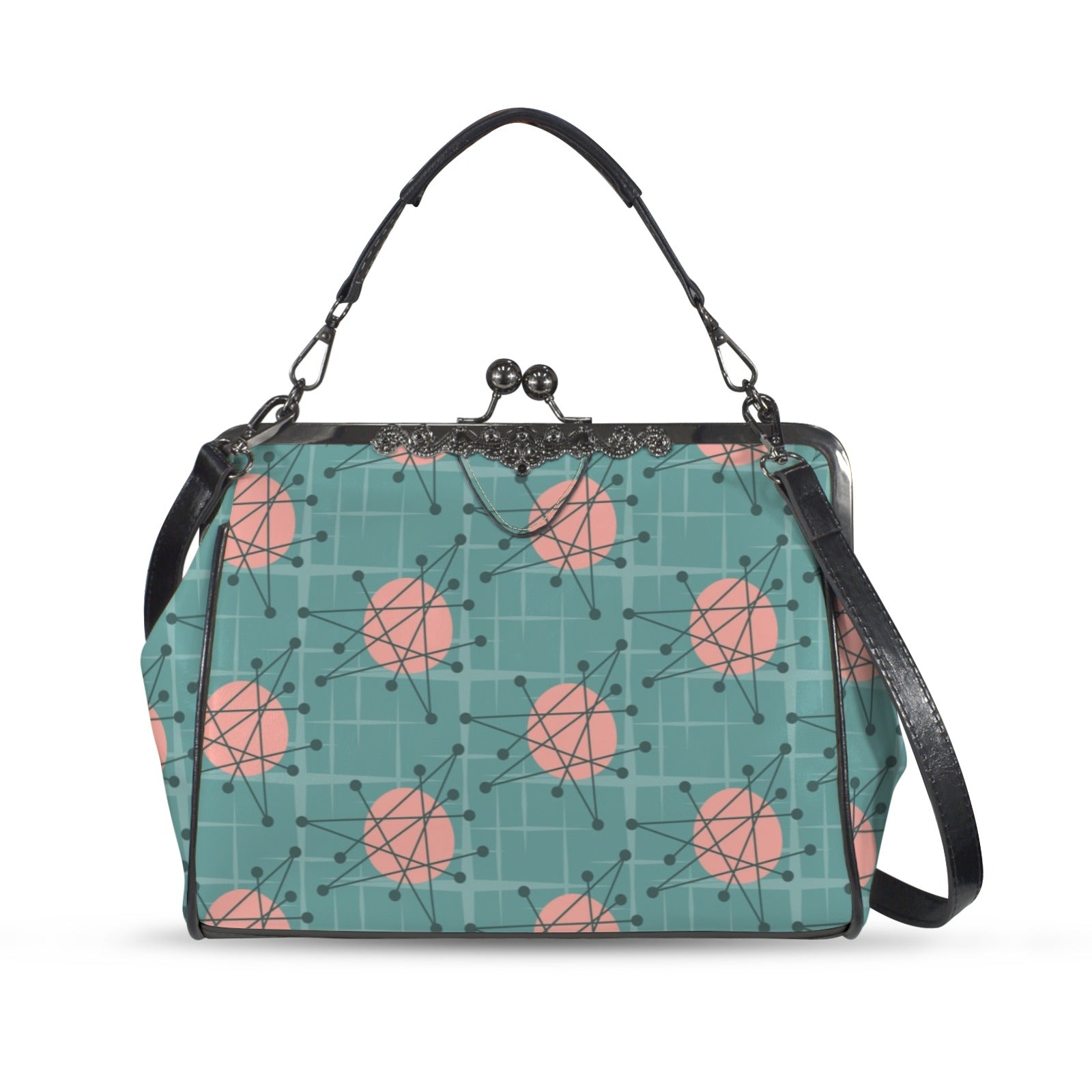Mid Century Modern Atomic Starburst Teal Pink Kisslock Crossbody Purse - Mid Century Modern Gal