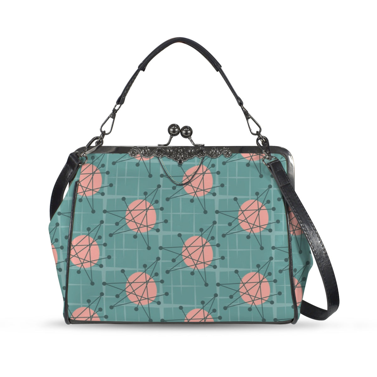 Mid Century Modern Atomic Starburst Teal Pink Kisslock Crossbody Purse - Mid Century Modern Gal