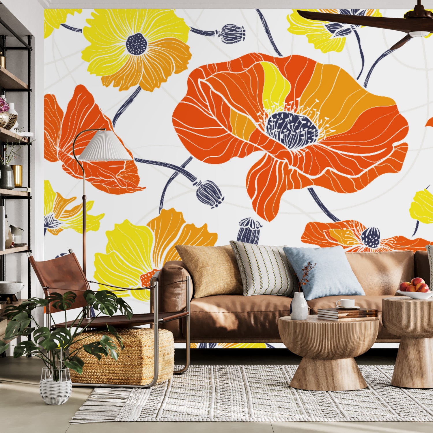 Vintage Poppy Orange Yellow Retro Florals, Mid Century Modern Wall Murals - Mid Century Modern Gal