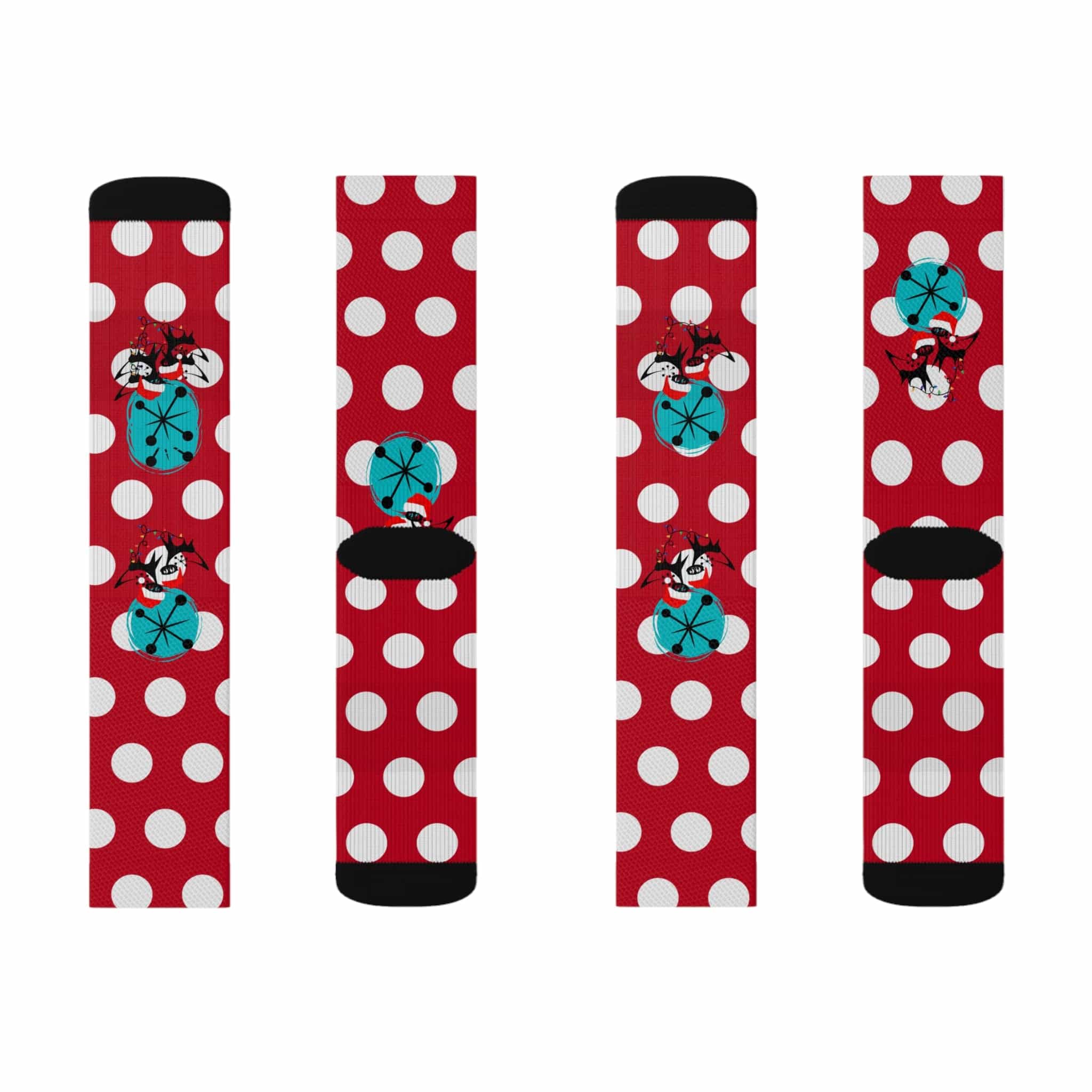 Christmas Socks, Red White, Polka Dot and Kitschy Crazy Atomic Cats Socks All Over Prints