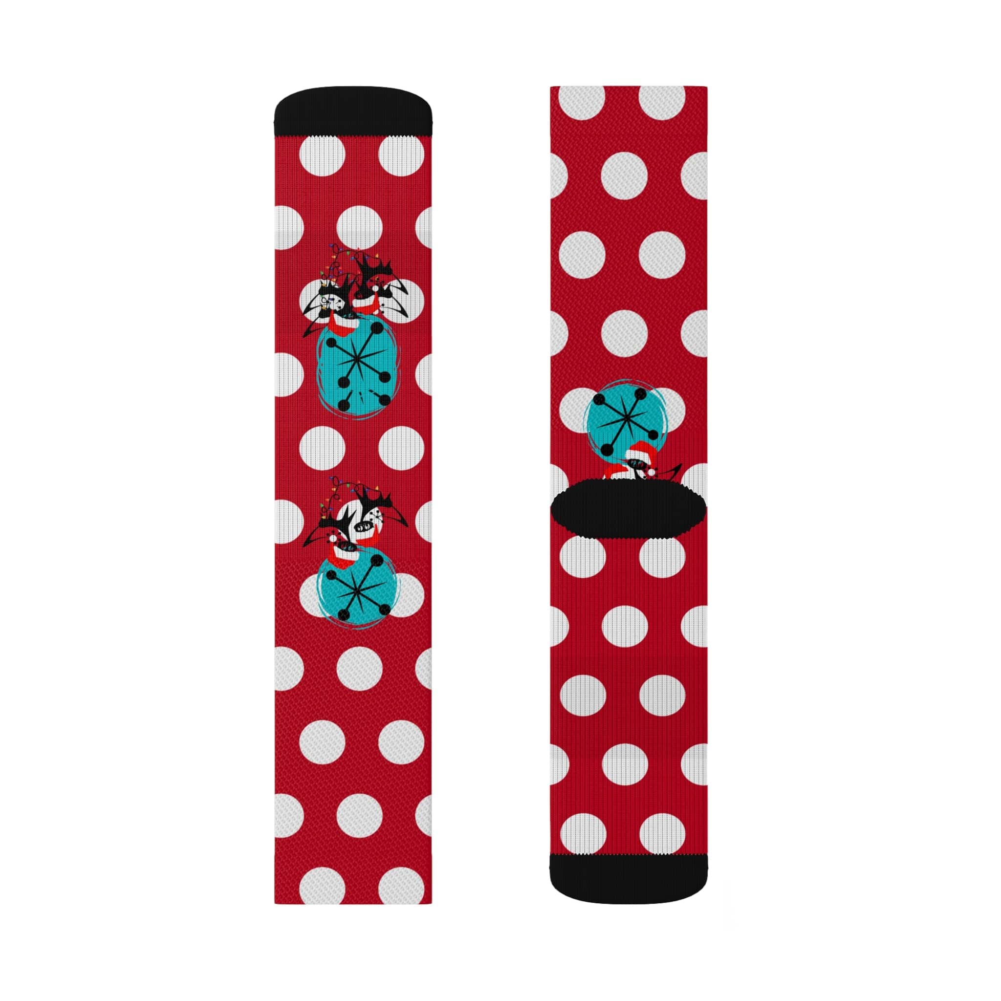 Christmas Socks, Red White, Polka Dot and Kitschy Crazy Atomic Cats Socks All Over Prints