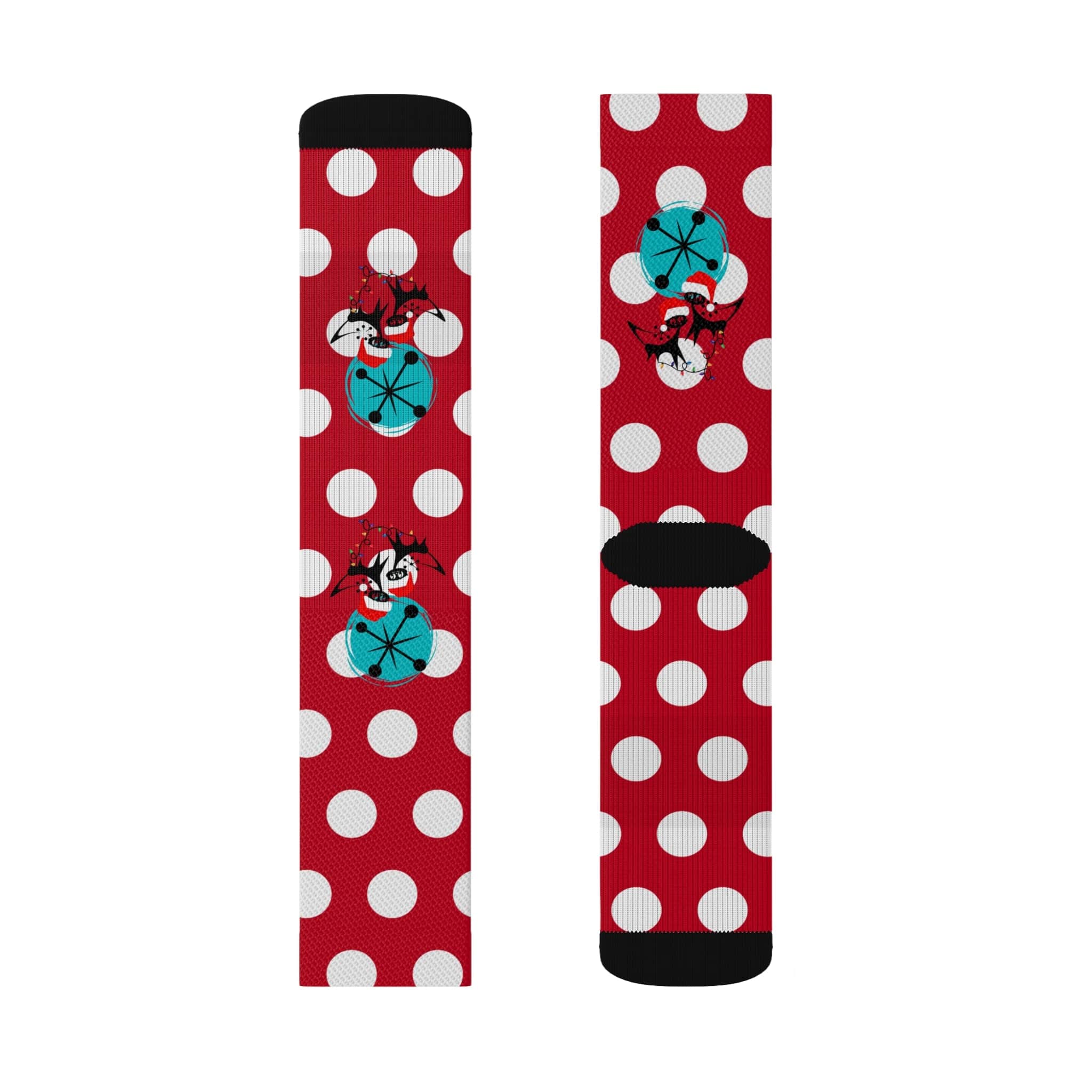 Christmas Socks, Red White, Polka Dot and Kitschy Crazy Atomic Cats Socks All Over Prints