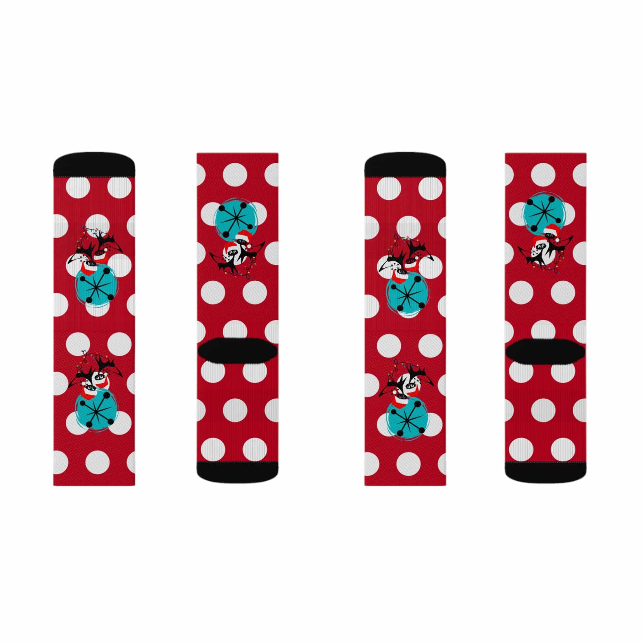 Christmas Socks, Red White, Polka Dot and Kitschy Crazy Atomic Cats Socks All Over Prints