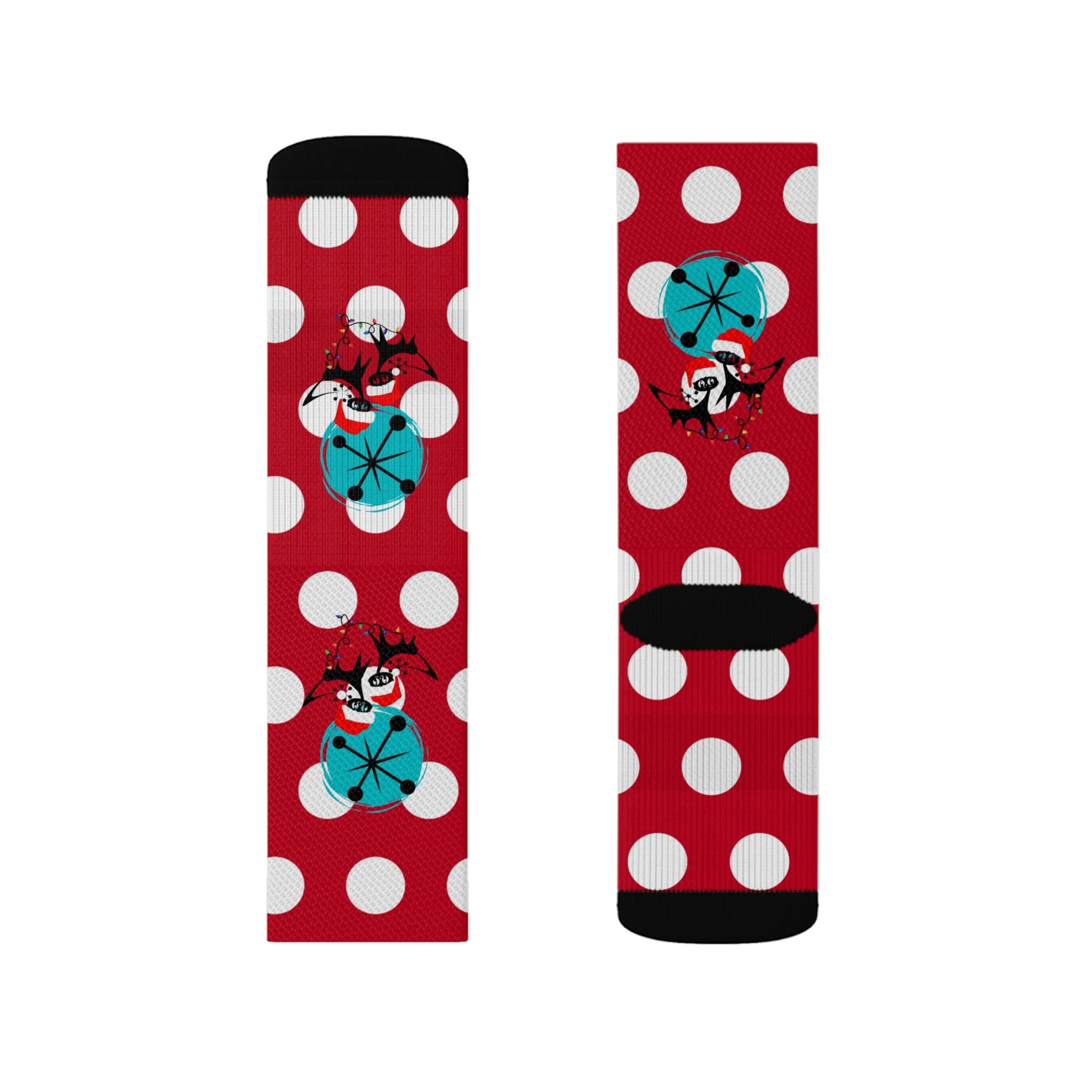 Christmas Socks, Red White, Polka Dot and Kitschy Crazy Atomic Cats Socks All Over Prints