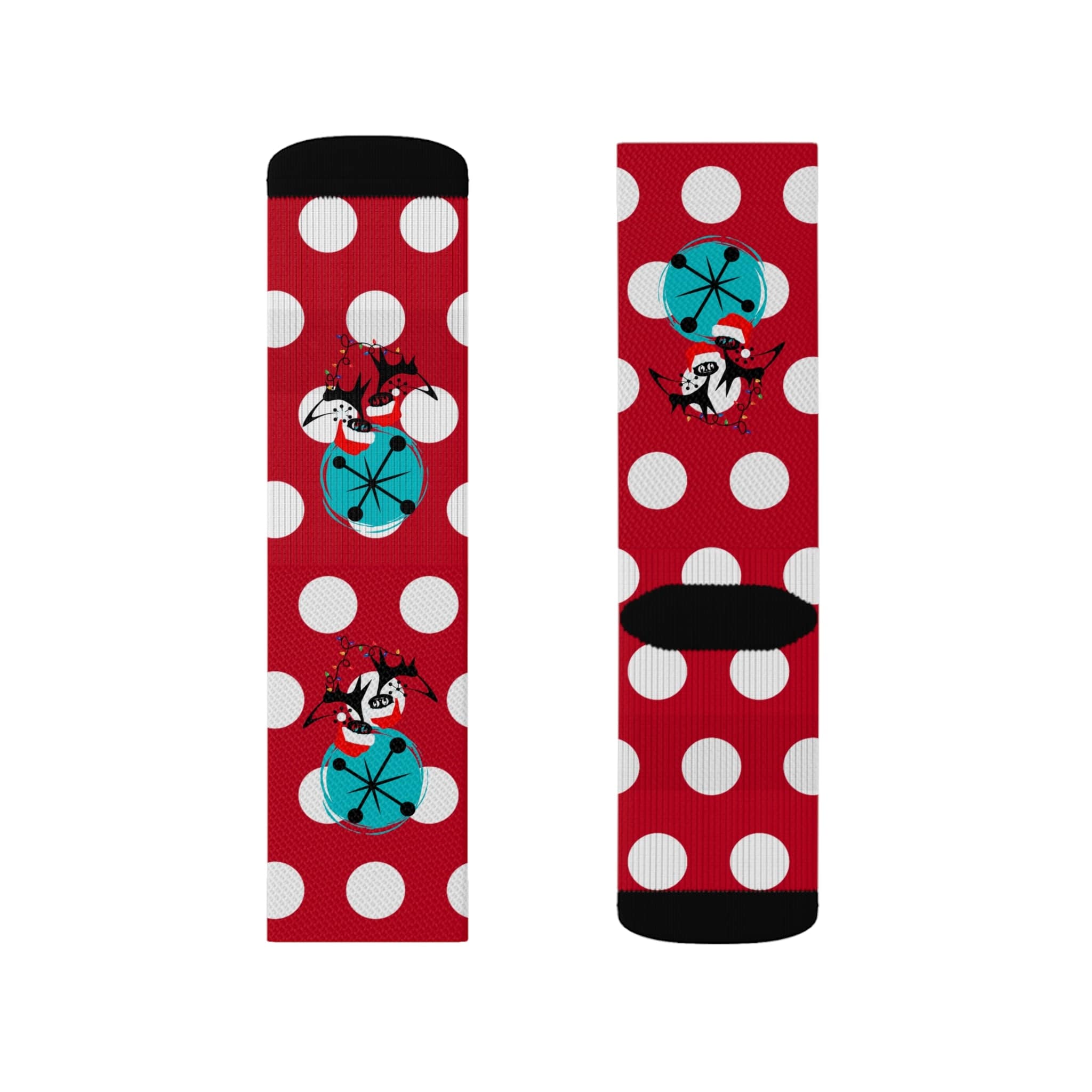 Christmas Socks, Red White, Polka Dot and Kitschy Crazy Atomic Cats Socks All Over Prints