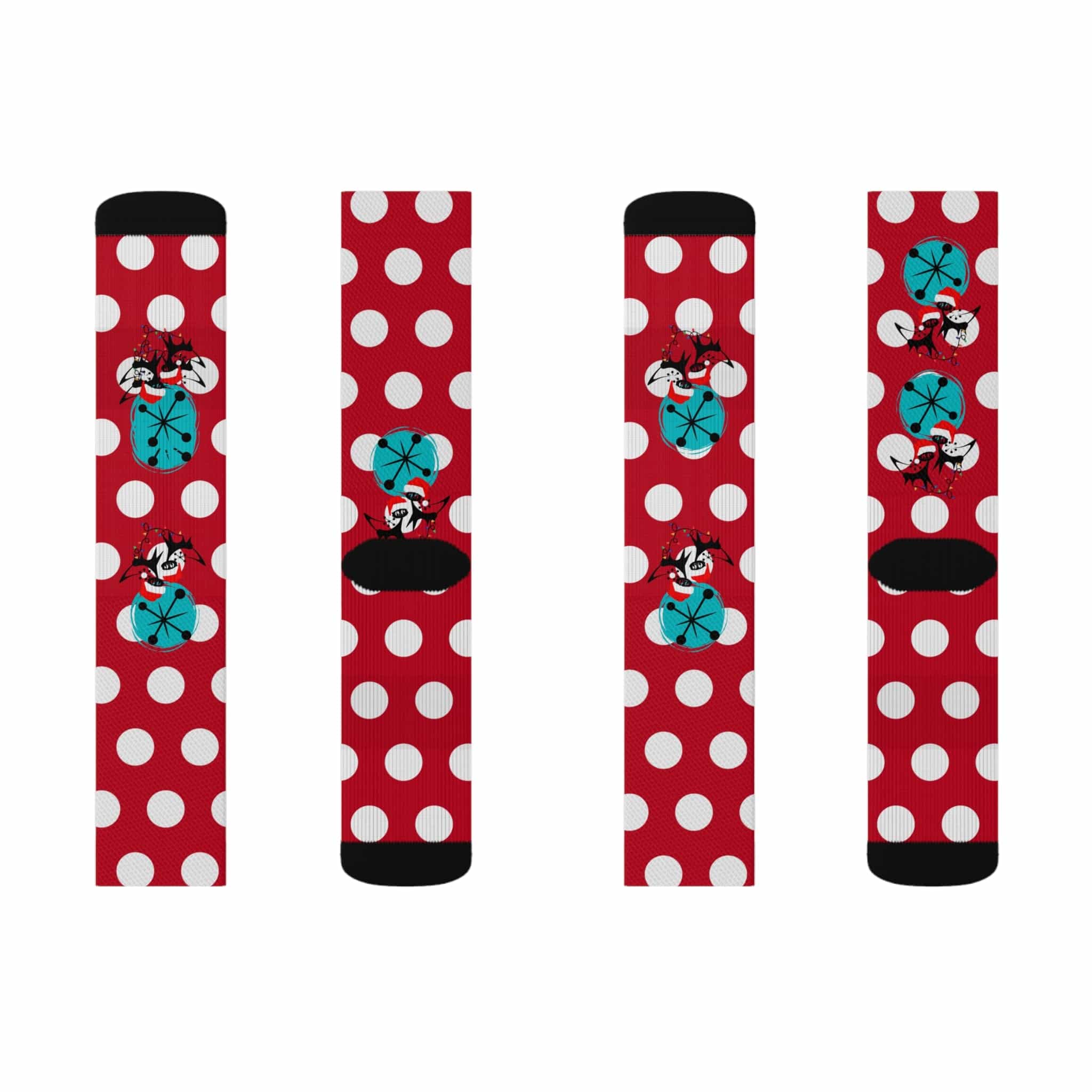 Christmas Socks, Red White, Polka Dot and Kitschy Crazy Atomic Cats Socks All Over Prints