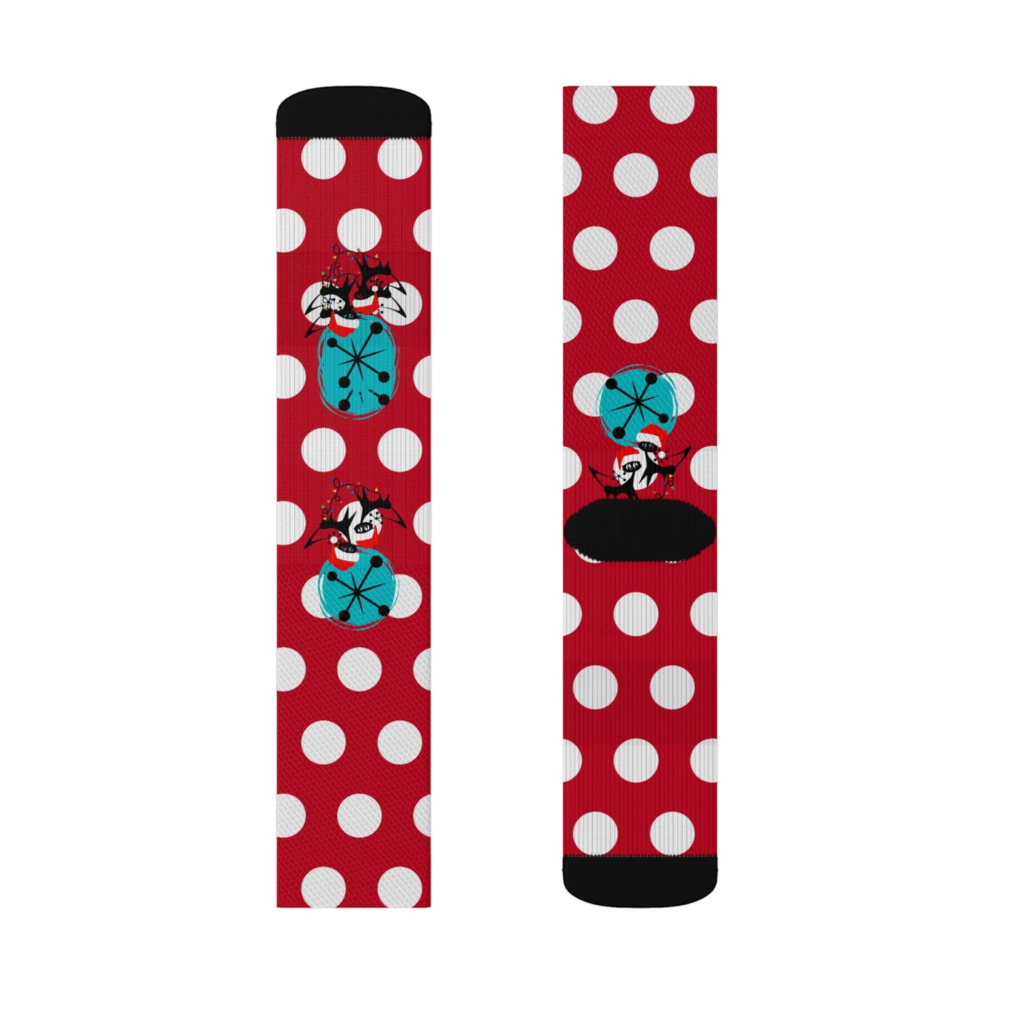 Christmas Socks, Red White, Polka Dot and Kitschy Crazy Atomic Cats Socks All Over Prints