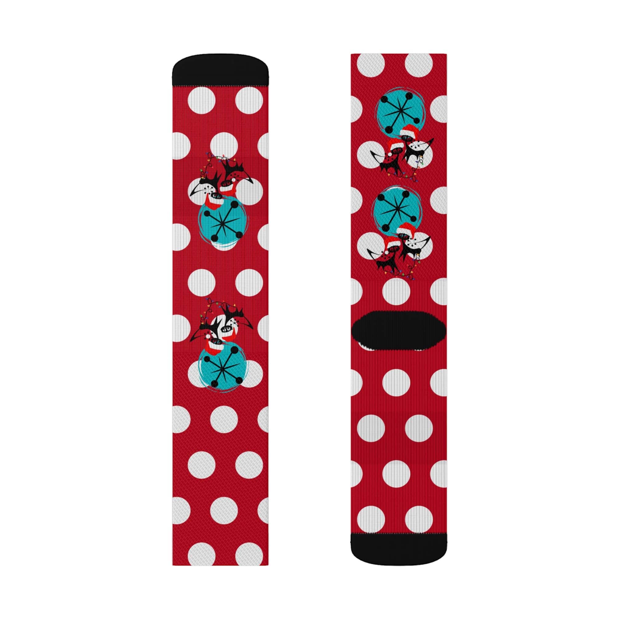 Christmas Socks, Red White, Polka Dot and Kitschy Crazy Atomic Cats Socks All Over Prints
