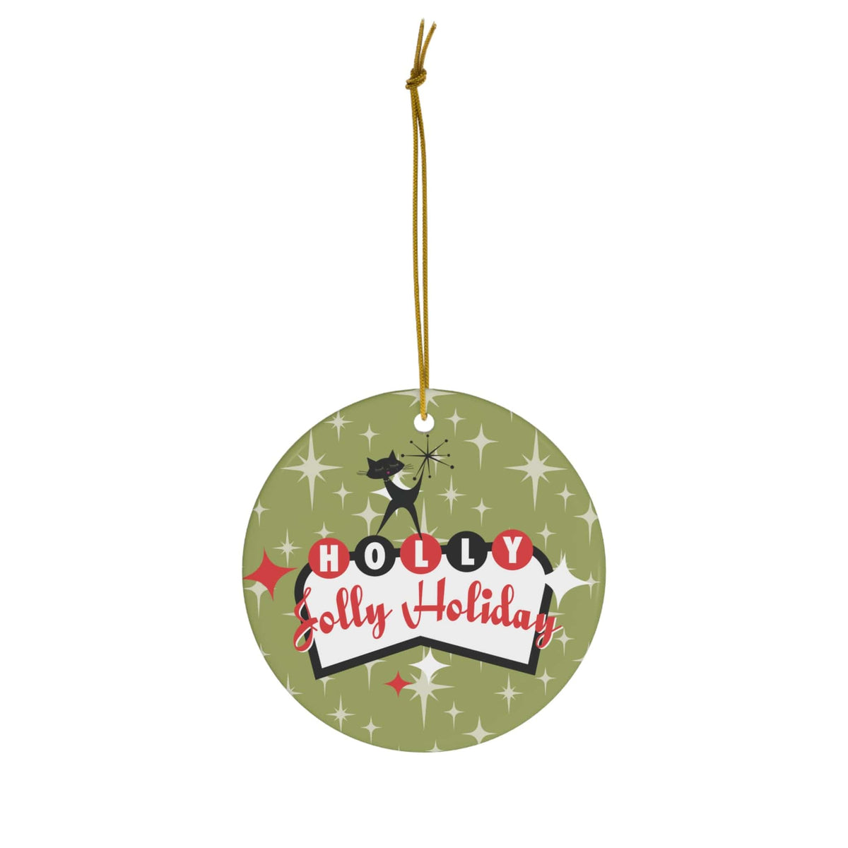 50's Christmas Ornaments, Atomic Cat, Holly, Jolly Holidays, Atomic Starburst, Green, Black, Red,Ceramic Ornament Home Decor Circle / One Size